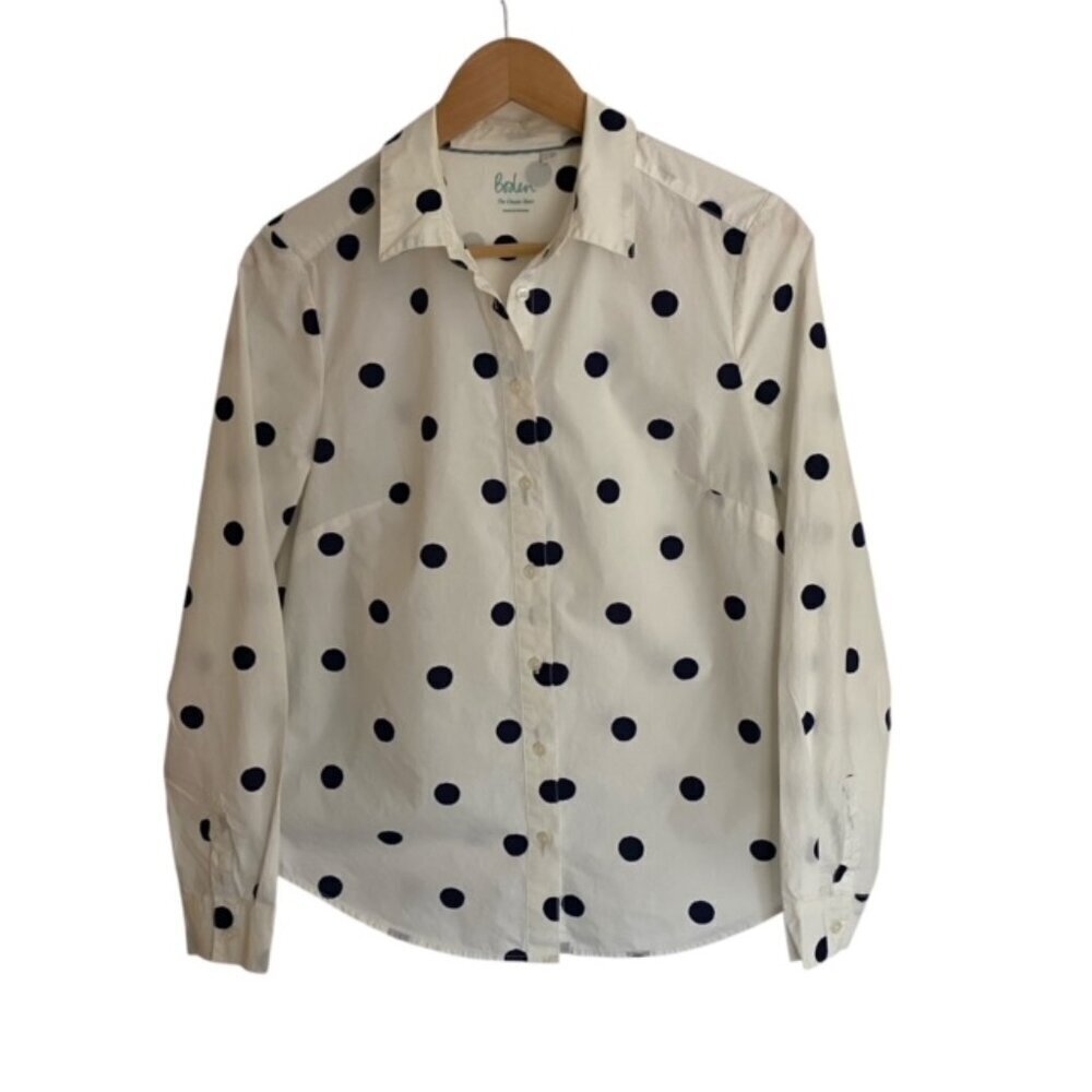 Boden White Button-Down Shirt with Black Polka Dots